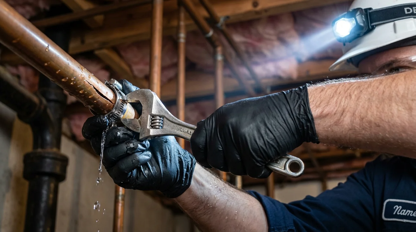 Emergency pipe clamp repair being performed by a Johns Plumbing LLC plumber in West Jefferson