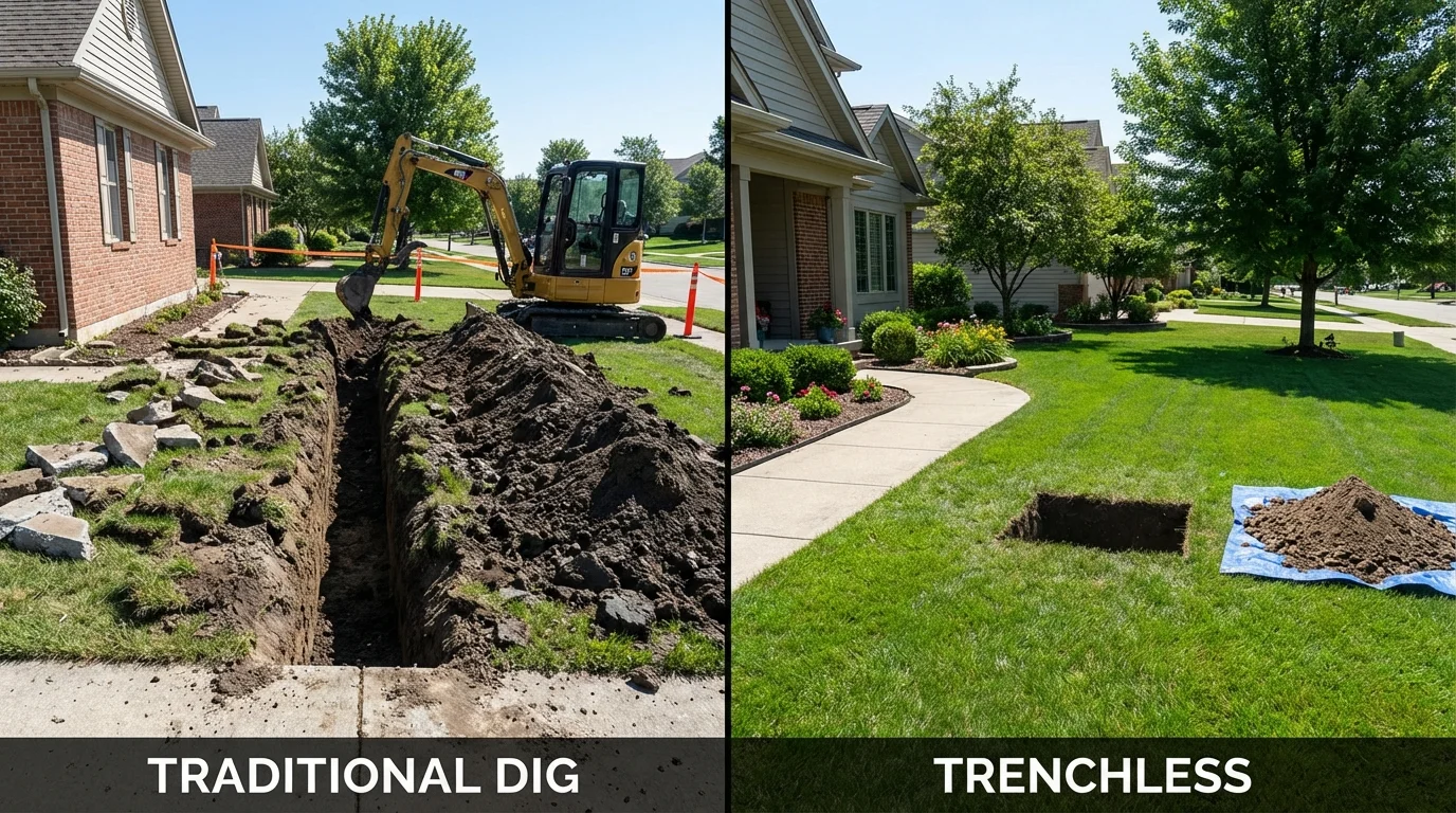 Trenchless sewer repair with minimal yard damage versus traditional excavation in West Jefferson, NC