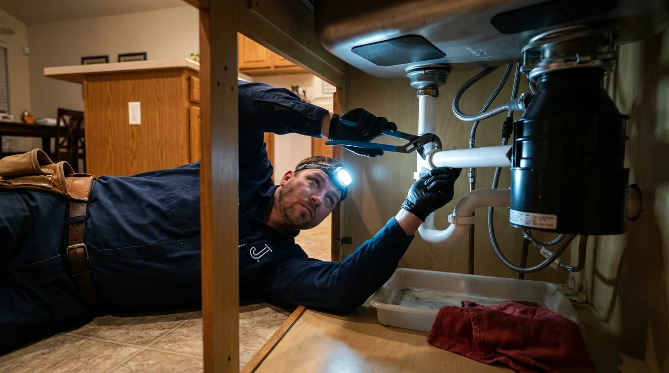 P-trap and supply line connections under a kitchen sink showing a common leak point in West Jefferson, NC